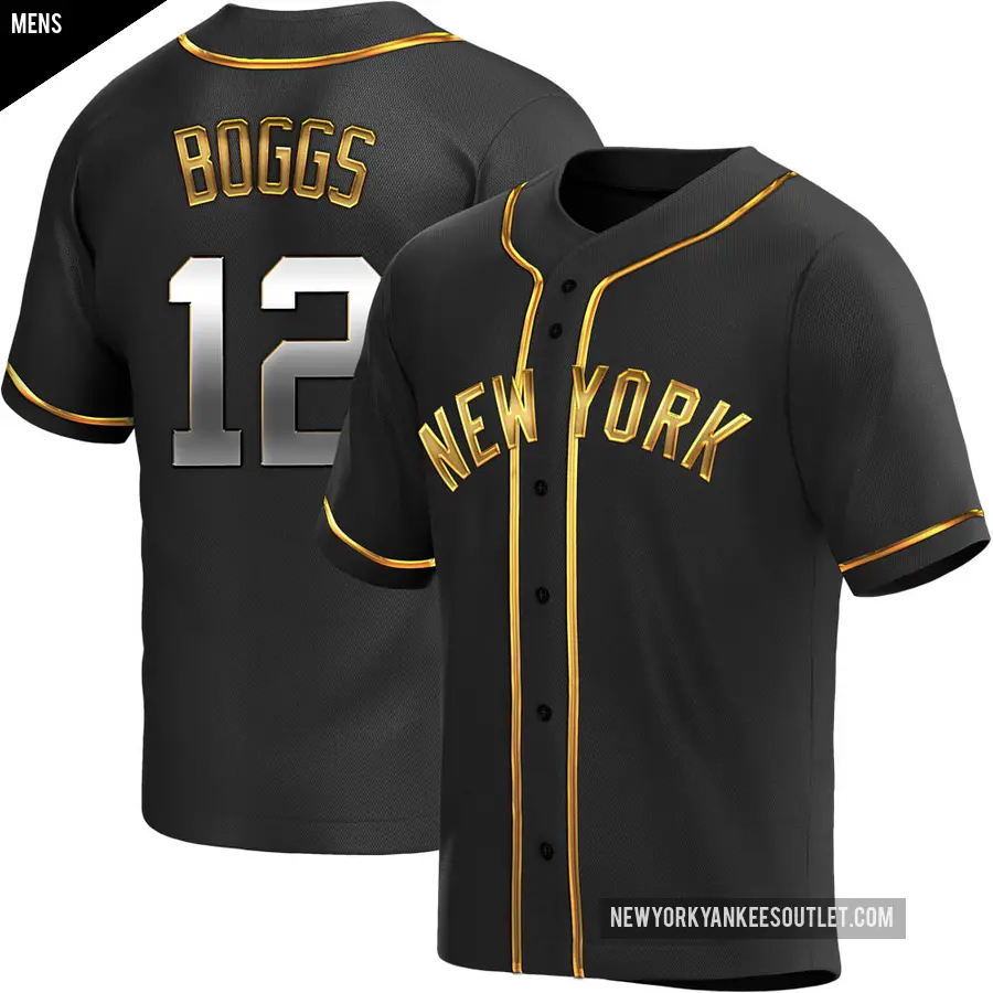 Men's New York Yankees ＃12 Wade Boggs Replica Gold Black en Alternate Jersey