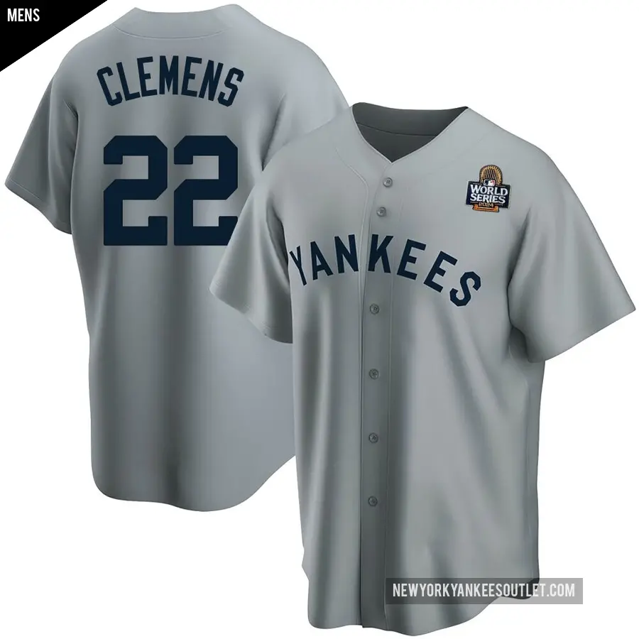 Men's New York Yankees ＃22 Roger Clemens Replica Gray Road Cooperstown Collection 2024 World Series Jersey