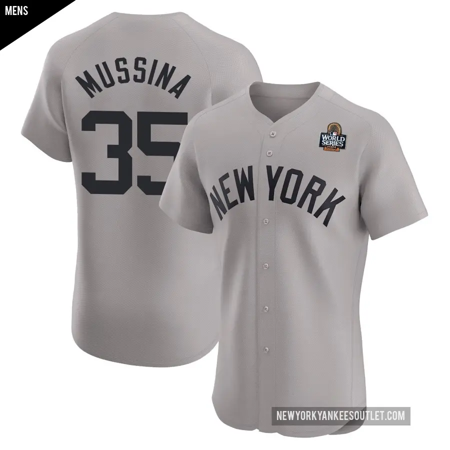 Men's New York Yankees ＃35 Mike Mussina Elite Gray Road 2024 World Series Jersey