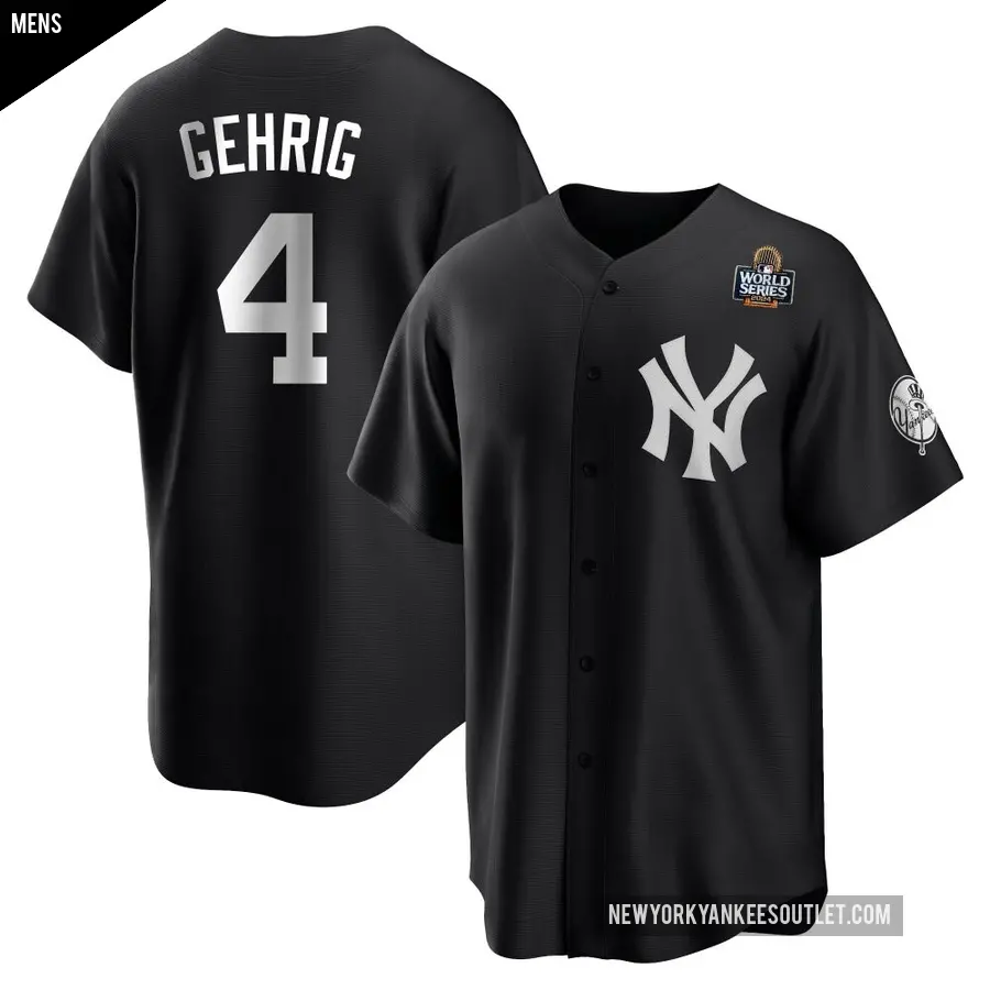 Men's New York Yankees ＃4 Lou Gehrig Replica Black/White 2024 World Series Jersey