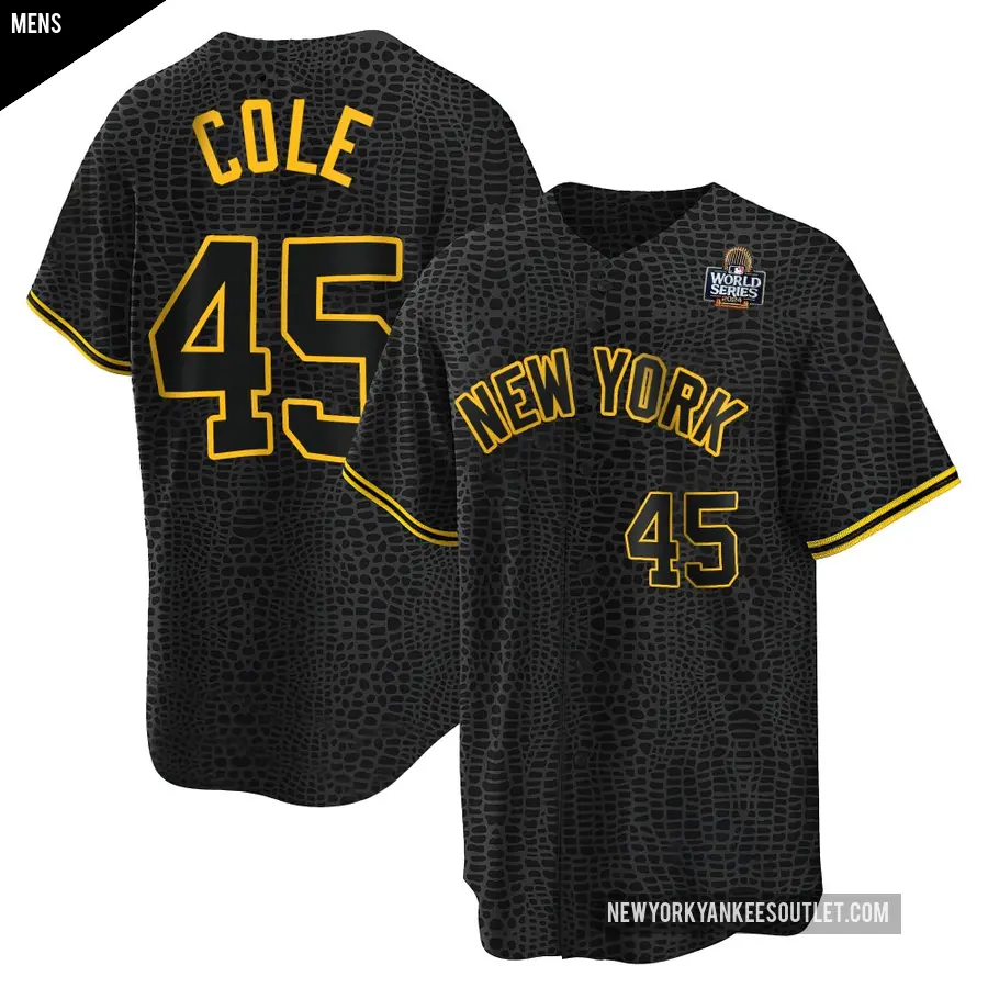 Men's New York Yankees ＃45 Gerrit Cole Replica Black Snake Skin City 2024 World Series Jersey