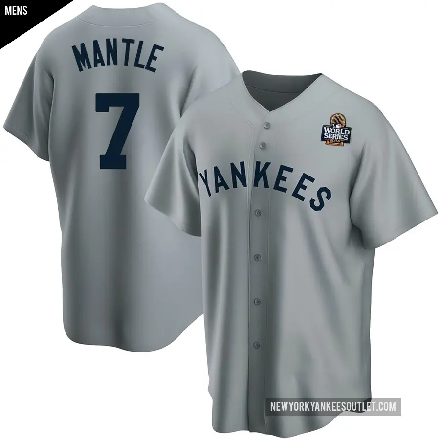 Men's New York Yankees ＃7 Mickey Mantle Replica Gray Road Cooperstown Collection 2024 World Series Jersey