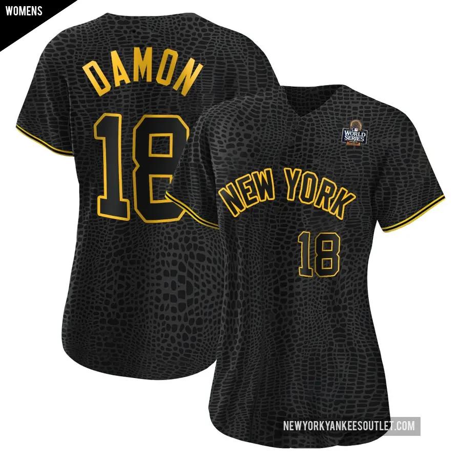 Women's New York Yankees ＃18 Johnny Damon Authentic Black Snake Skin City 2024 World Series Jersey