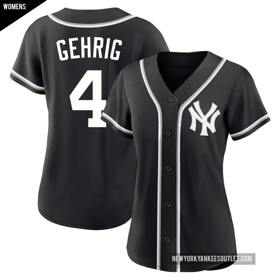 Women's New York Yankees ＃4 Lou Gehrig Replica Black Fashion Out Jersey