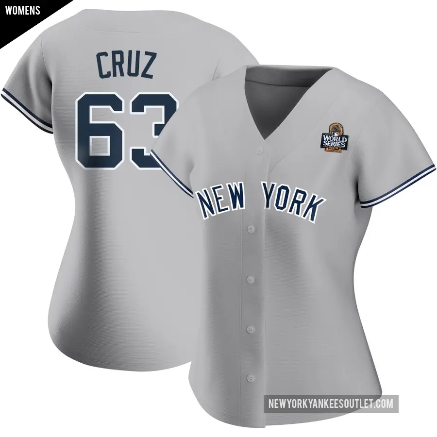 Women's New York Yankees ＃63 Fernando Cruz Replica Gray Road Name 2024 World Series Jersey