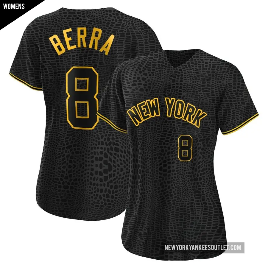 Women's New York Yankees ＃8 Yogi Berra Replica Black Snake Skin City Jersey