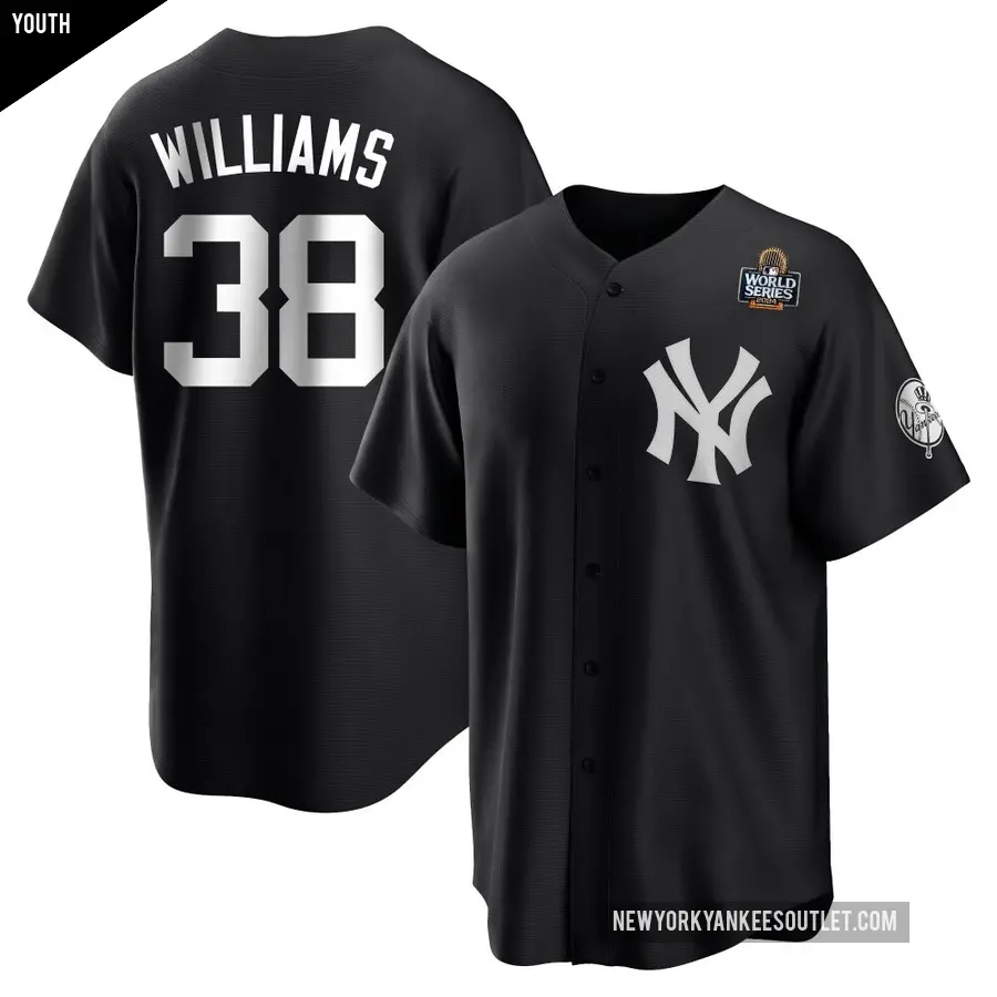 Youth New York Yankees ＃38 Devin Williams Replica Black/White 2024 World Series Jersey